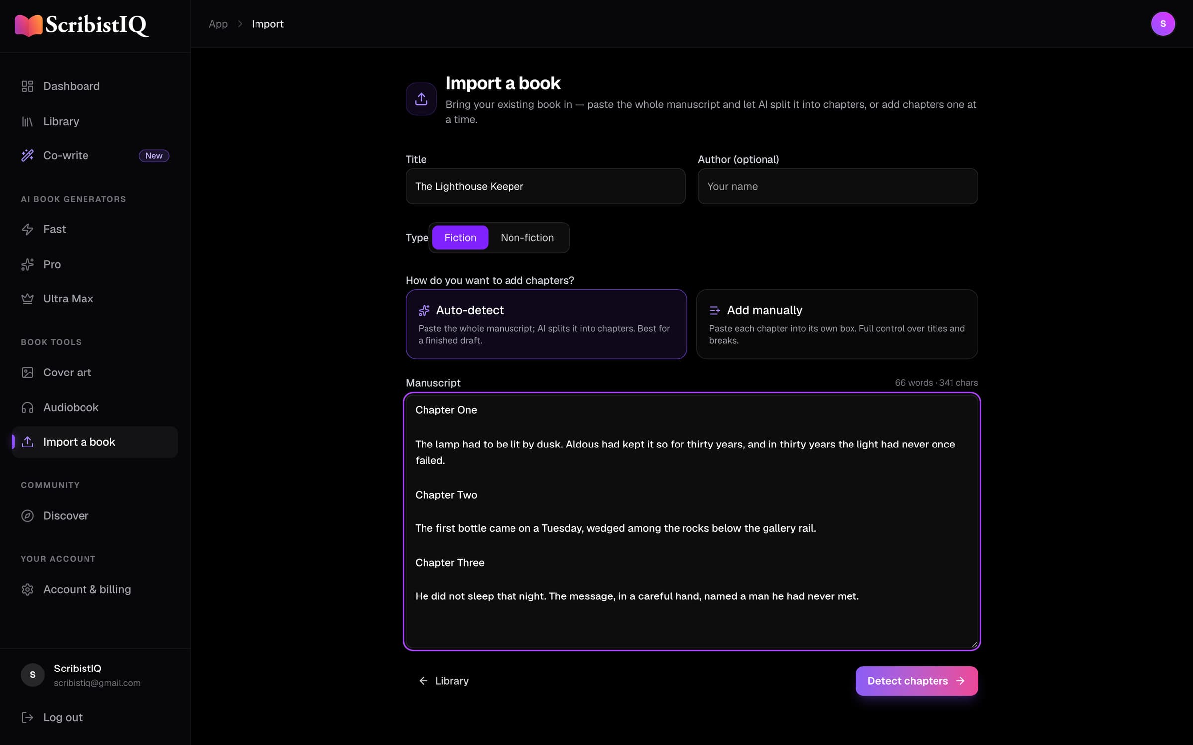 The Import a book screen: title and author fields, a fiction or non-fiction switch, a choice between auto-detecting chapters and adding them manually, and the manuscript box.